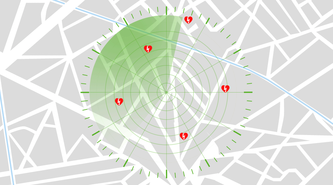 Radar locating nearby AEDs on a map