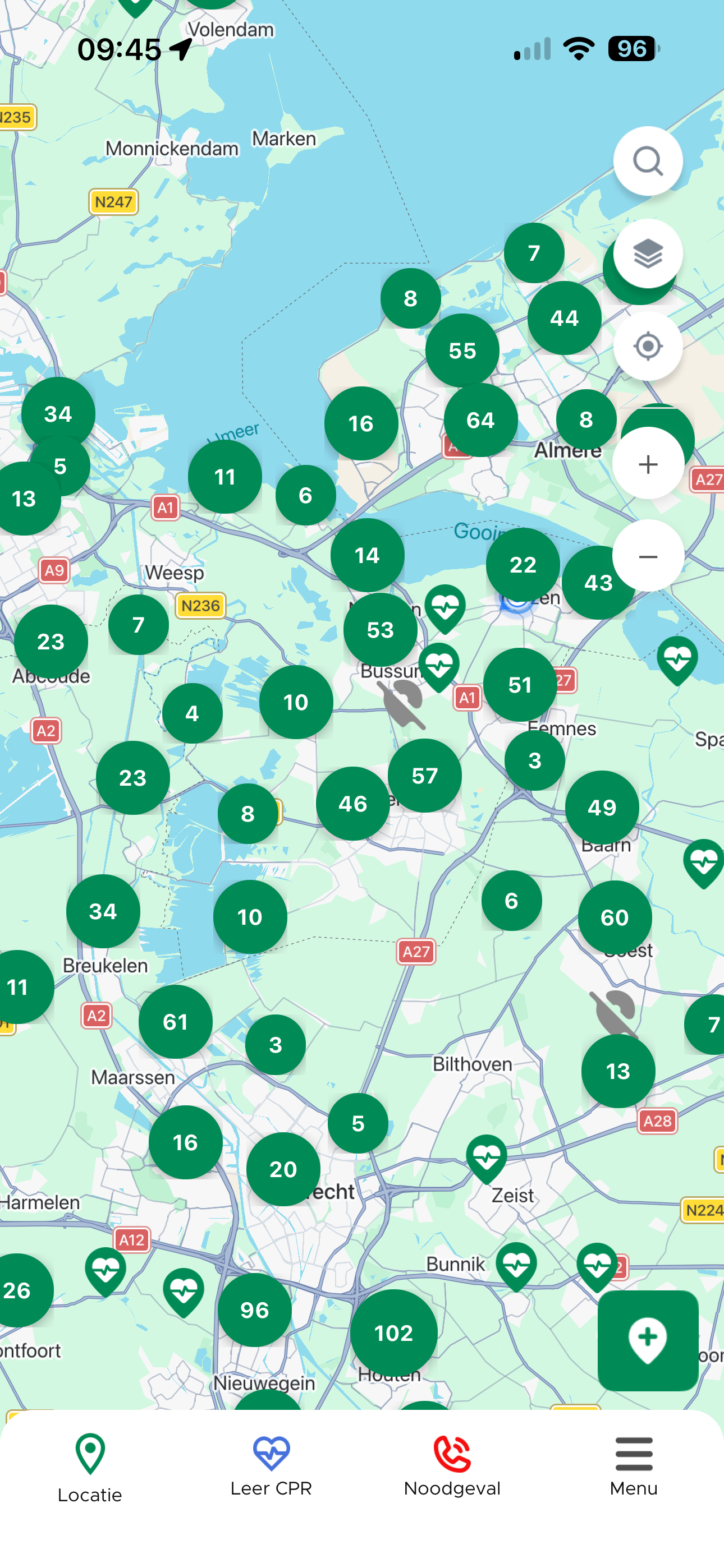 AEDradar map showing nearby AED locations