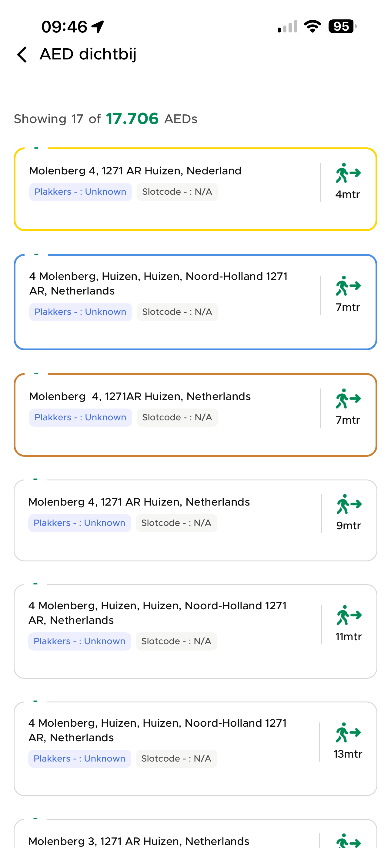 AEDradar list of nearby AEDs with distances